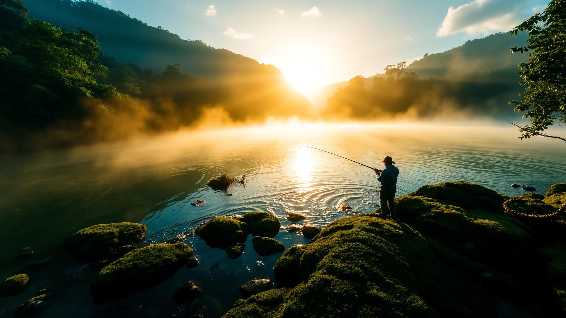 Pescador arremessando ao amanhecer em rio cercado por floresta
